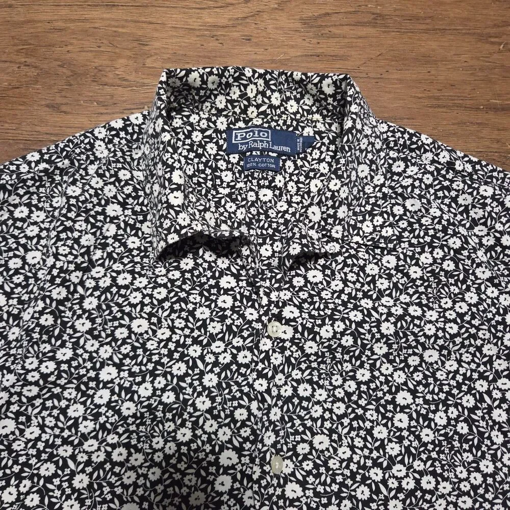 VTG Polo Ralph Lauren Clayton Camp Hawaiian Floral Shirt Loop Collar Mens Small